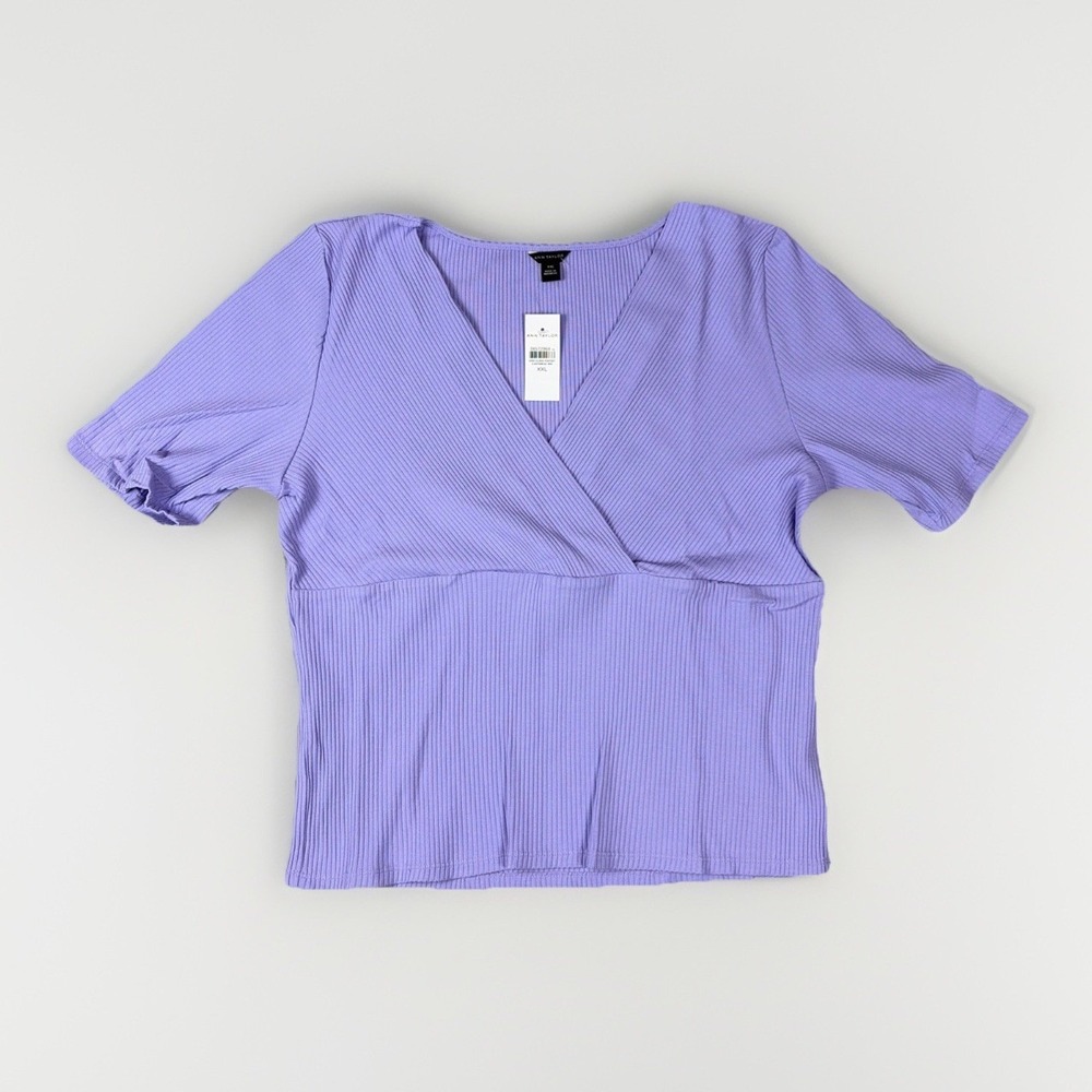 Ann Taylor Crossover Top Womens XXL Purple Radiant Amethyst Ribbed Elbow Sleeve